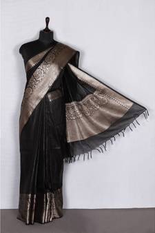 black Handloom Banarsi Linen Saree with Blouse Piece