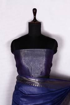 blue Handloom Banarsi Linen Saree with Blouse Piece