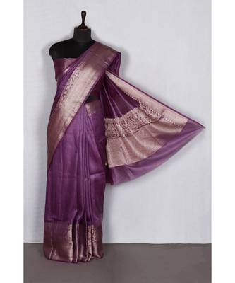 purple Handloom Banarsi Linen Saree with Blouse Piece 3