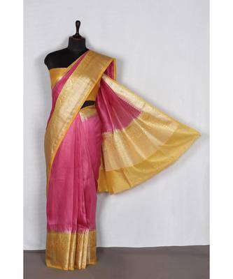 pink Handloom Banarsi Linen Saree with Blouse Piece 3
