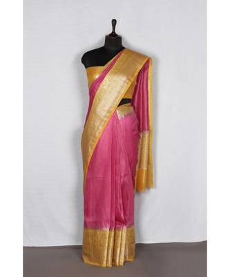 pink Handloom Banarsi Linen Saree with Blouse Piece 1