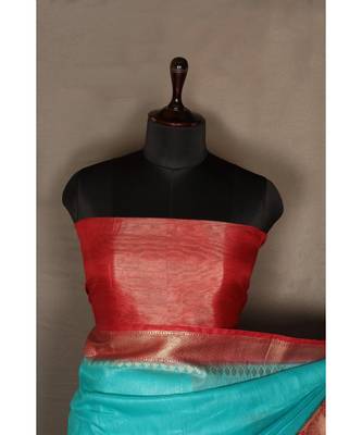 blue Handloom Banarsi Linen Saree with Blouse Piece 2