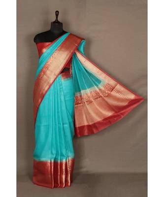 blue Handloom Banarsi Linen Saree with Blouse Piece 3