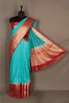 blue Handloom Banarsi Linen Saree with Blouse Piece