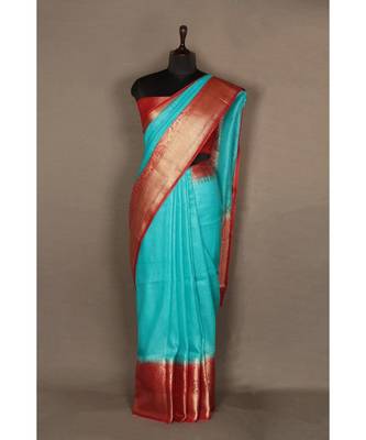 blue Handloom Banarsi Linen Saree with Blouse Piece 1