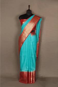 blue Handloom Banarsi Linen Saree with Blouse Piece