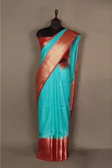 blue Handloom Banarsi Linen Saree with Blouse Piece