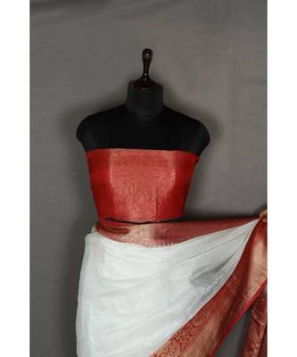 white Handloom Banarsi Linen Saree with Blouse Piece 1