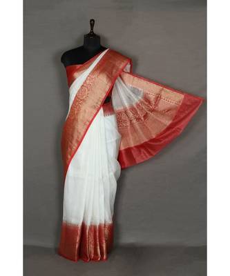 white Handloom Banarsi Linen Saree with Blouse Piece 2
