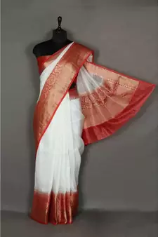 white Handloom Banarsi Linen Saree with Blouse Piece