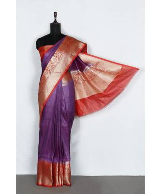 purple Handloom Banarsi Linen Saree with Blouse Piece 3