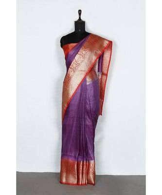 purple Handloom Banarsi Linen Saree with Blouse Piece 1