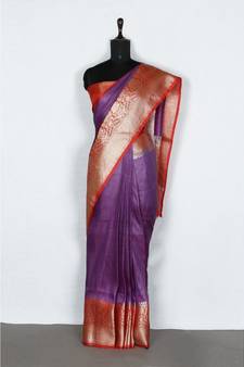 purple Handloom Banarsi Linen Saree with Blouse Piece