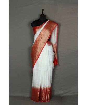 white Handloom Banarsi Linen Saree with Blouse Piece 1