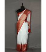 white Handloom Banarsi Linen Saree with Blouse Piece