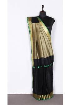 black Handloom Pure Linen Saree with blouse piece