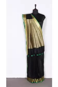 black Handloom Pure Linen Saree with blouse piece