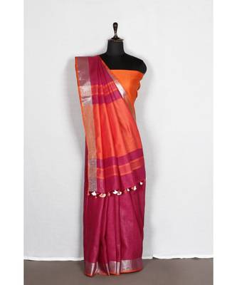 pink Handloom Pure Linen Saree with blouse piece 1