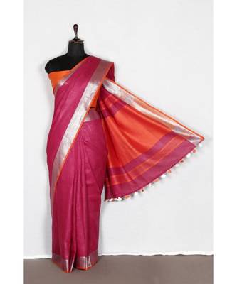 pink Handloom Pure Linen Saree with blouse piece 2