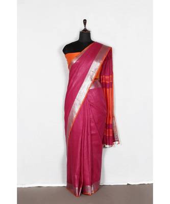 pink Handloom Pure Linen Saree with blouse piece 3