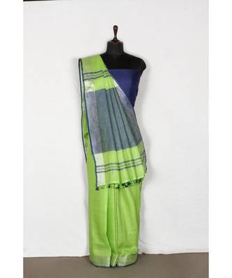 green Handloom Pure Linen Saree with blouse piece 1