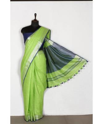 green Handloom Pure Linen Saree with blouse piece 2