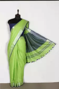 green Handloom Pure Linen Saree with blouse piece