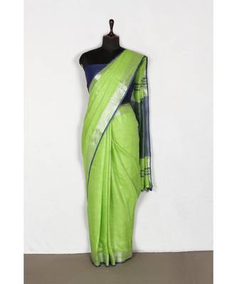 green Handloom Pure Linen Saree with blouse piece 3