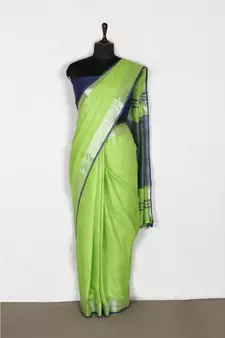 green Handloom Pure Linen Saree with blouse piece
