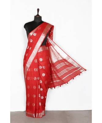 red Handloom Pure Linen Saree with blouse piece 1