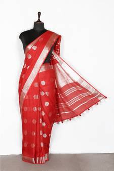 red Handloom Pure Linen Saree with blouse piece