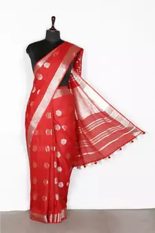 red Handloom Pure Linen Saree with blouse piece