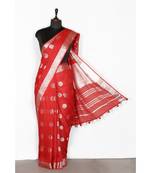 red Handloom Pure Linen Saree with blouse piece