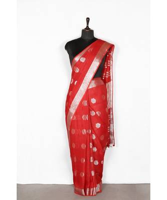 red Handloom Pure Linen Saree with blouse piece 2
