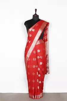red Handloom Pure Linen Saree with blouse piece