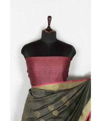 grey Handloom Pure Linen Saree with blouse piece 2