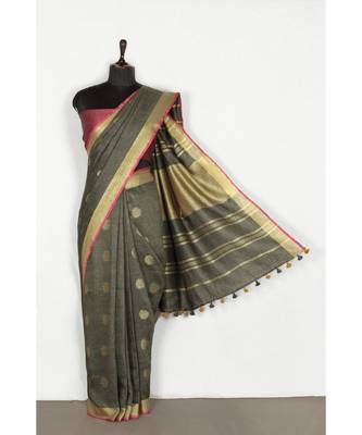 grey Handloom Pure Linen Saree with blouse piece 3