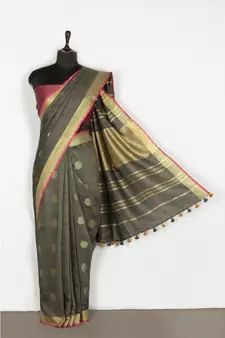 grey Handloom Pure Linen Saree with blouse piece