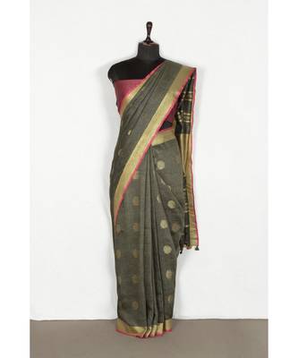 grey Handloom Pure Linen Saree with blouse piece 1