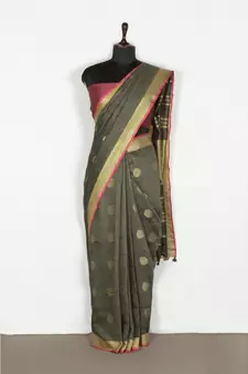 grey Handloom Pure Linen Saree with blouse piece