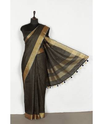 black Handloom Pure Linen Saree with blouse piece 1