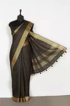black Handloom Pure Linen Saree with blouse piece