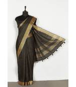 black Handloom Pure Linen Saree with blouse piece