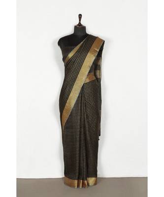 black Handloom Pure Linen Saree with blouse piece 2
