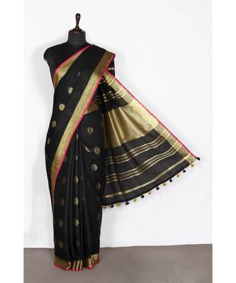 black Handloom Pure Linen Saree with blouse piece 1