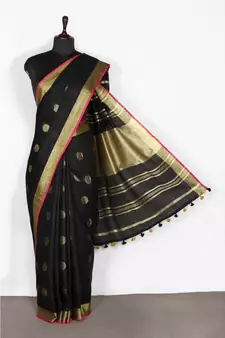 black Handloom Pure Linen Saree with blouse piece