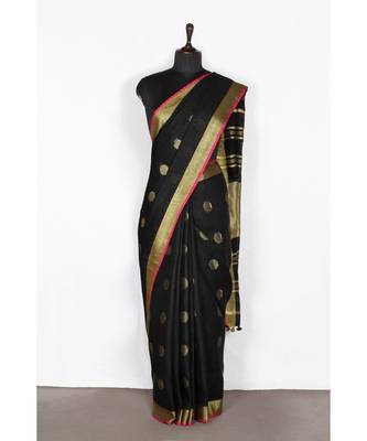 black Handloom Pure Linen Saree with blouse piece 2
