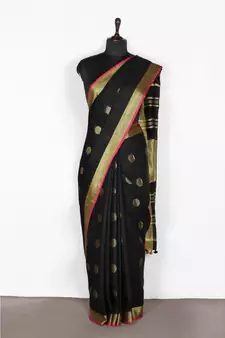black Handloom Pure Linen Saree with blouse piece