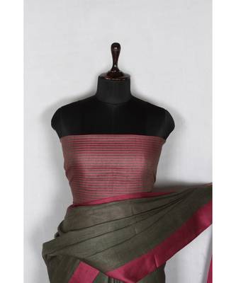 grey Handloom Pure Linen Saree with blouse piece 1