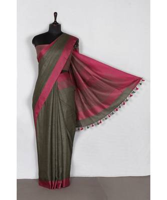 grey Handloom Pure Linen Saree with blouse piece 2
